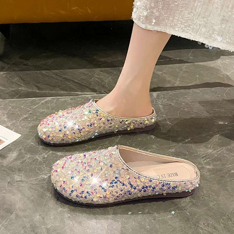 

Fashionable Sequin Slip-On Half Slippers Women's Summer Outdoor Wear Beautiful Flat Bottom Sandals for Dresses