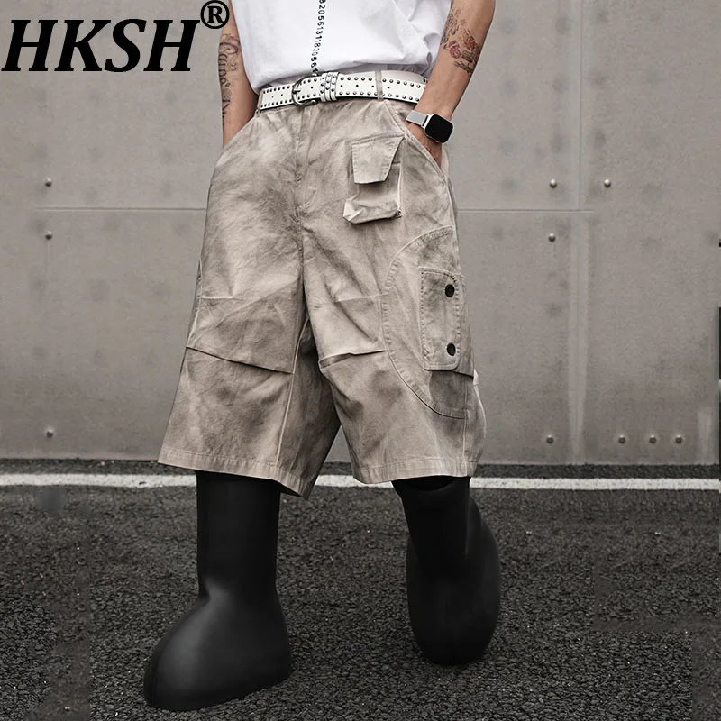 

HKSH Spring Summer Men's American High Street Vintage Distressed Multi-Pockets Jeans Safari Style Wide-Leg Cropped Jeans HK7922