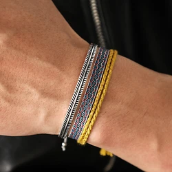 Woozu Handmade Cotton Rope Bracelets Set Unique Fashion 925 Tibetan Silver C-Bangle For Women Men String Wristbands Jewelry Gift