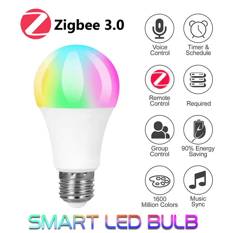 Zigbee 3.0 لمبة Led ذكية E27 مصابيح RGBCW 9W تعمل مع تطبيق Alexa Google Home التحكم الصوتي 110 فولت 220 فولت