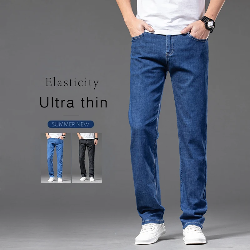 

Plus Size 44 46 Men's Thin Jeans Summer New Straight Elastic Denim Pants Fashion Male Business Casual Baggy Trousers