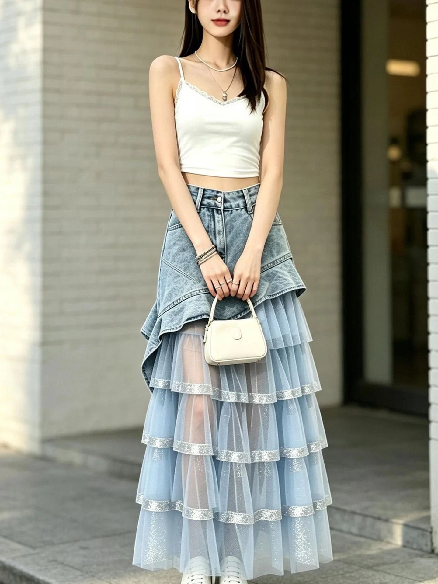 High Waist A-Line  Skirt Denim Mesh Splicing Women's Autumn New Style Unique Slimming Versatile Cake Long Skirt