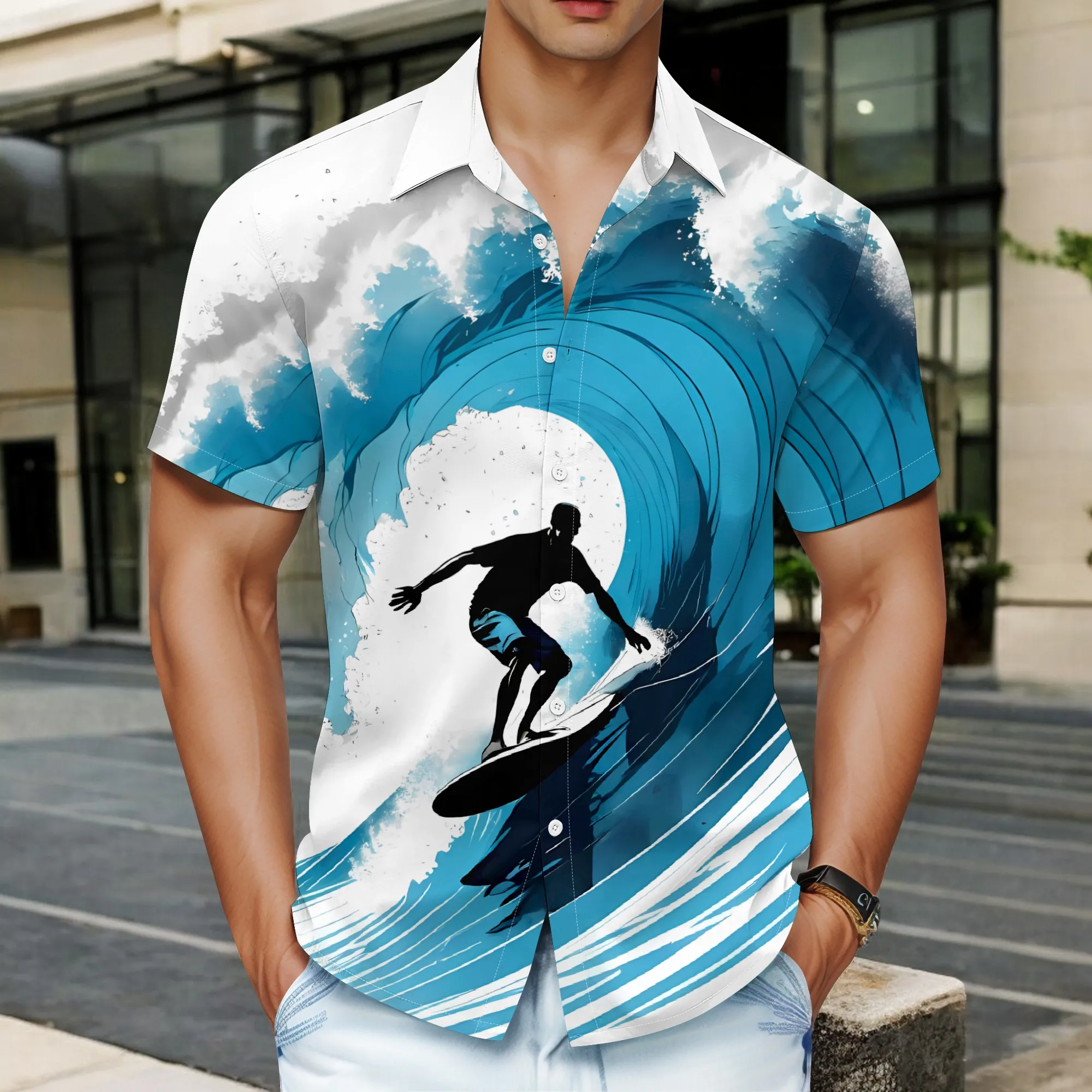 

YEAE Blue Grey Line Weave Pattern Print Shirt for Men Summer CasualShort Sleeve Top