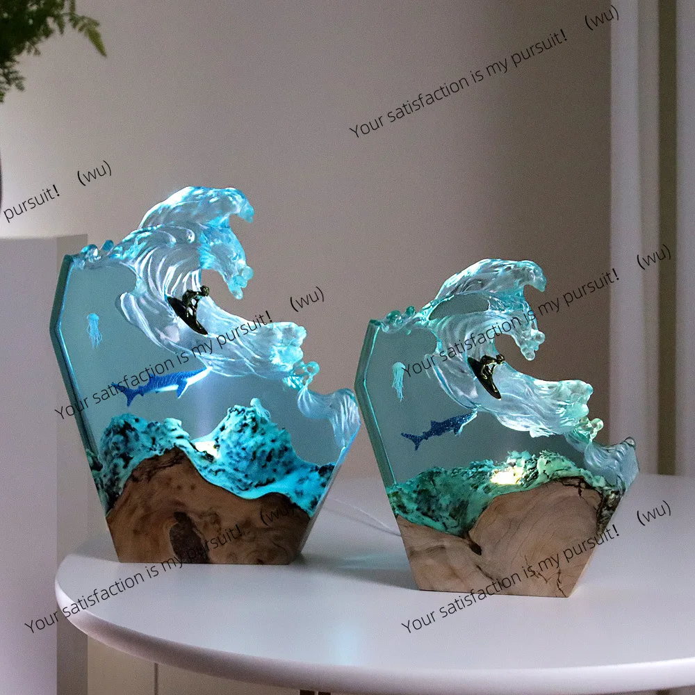Ocean resin lamp whale surfing tabletop ornament creative art solid wood creative decorative night light