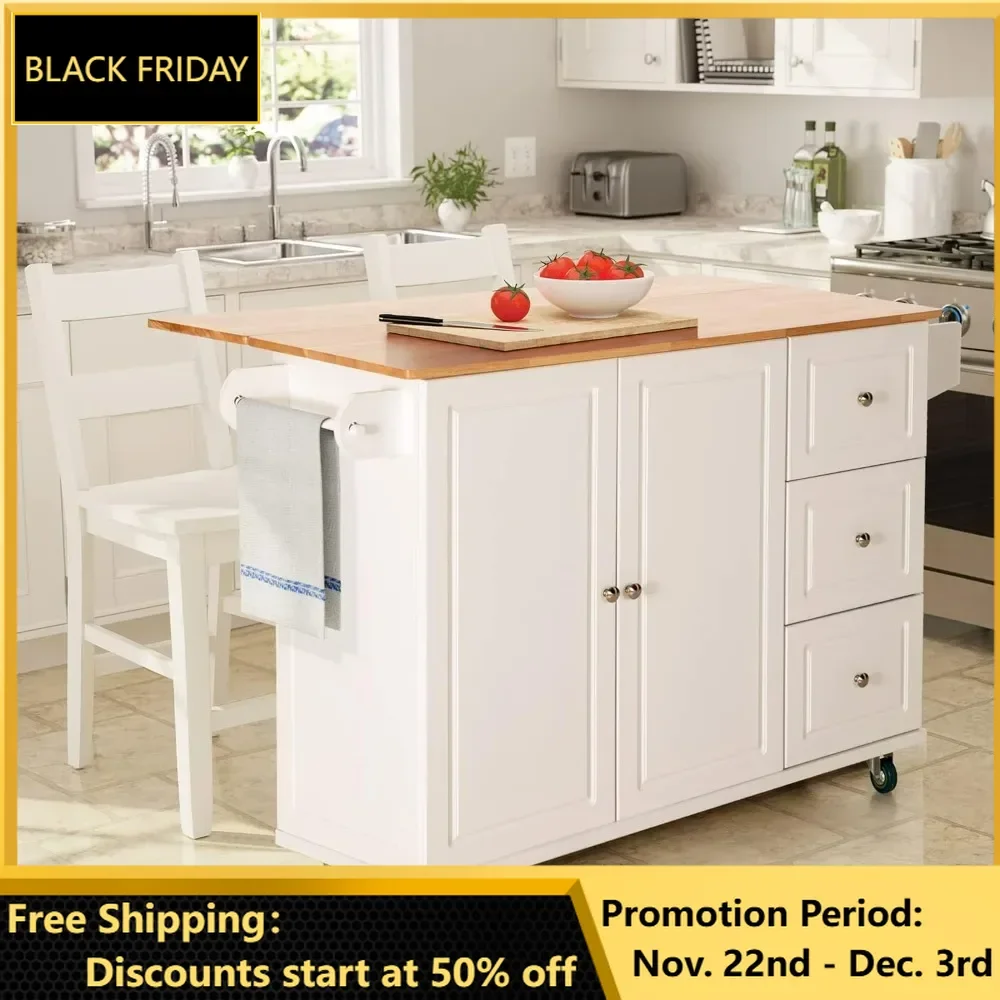 Kitchen Island Cart, Wheels with Drop-Leaf and Rubber Wood Top, Rolling Kitchen Trolley with Door Storage Cabinet, Drawers