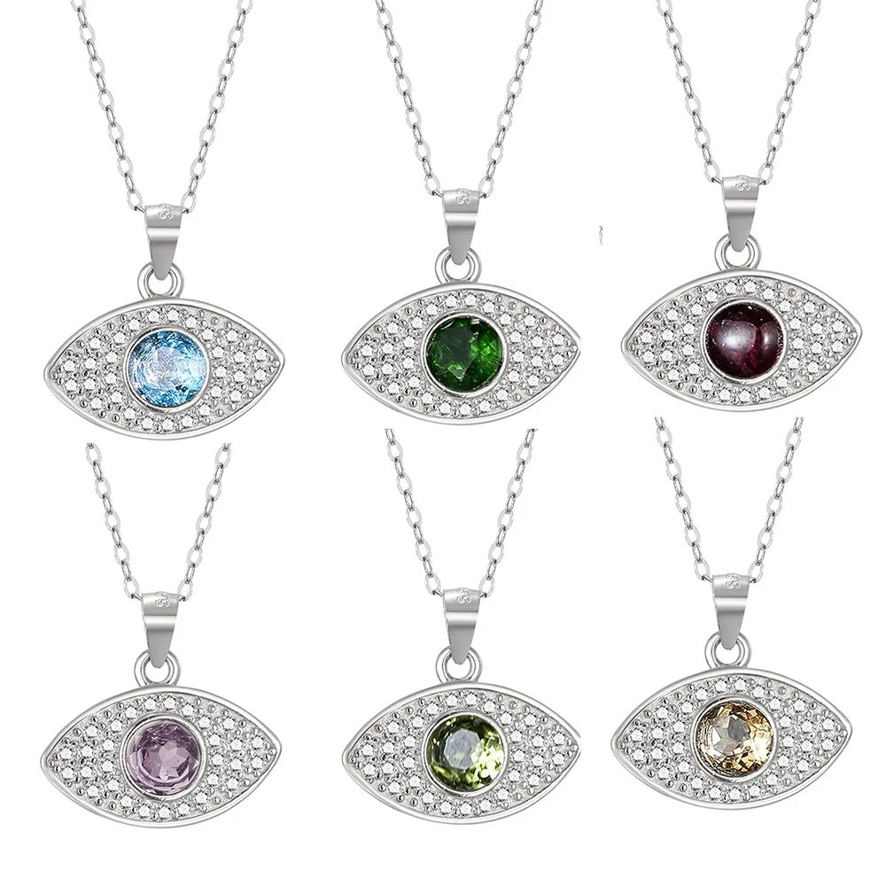 S925 Sterling Silver Third Eye Pendant Natural Amethyst Garnet Citrine Chakra Balancing Psychic Necklace Meditation Boho Jewelry