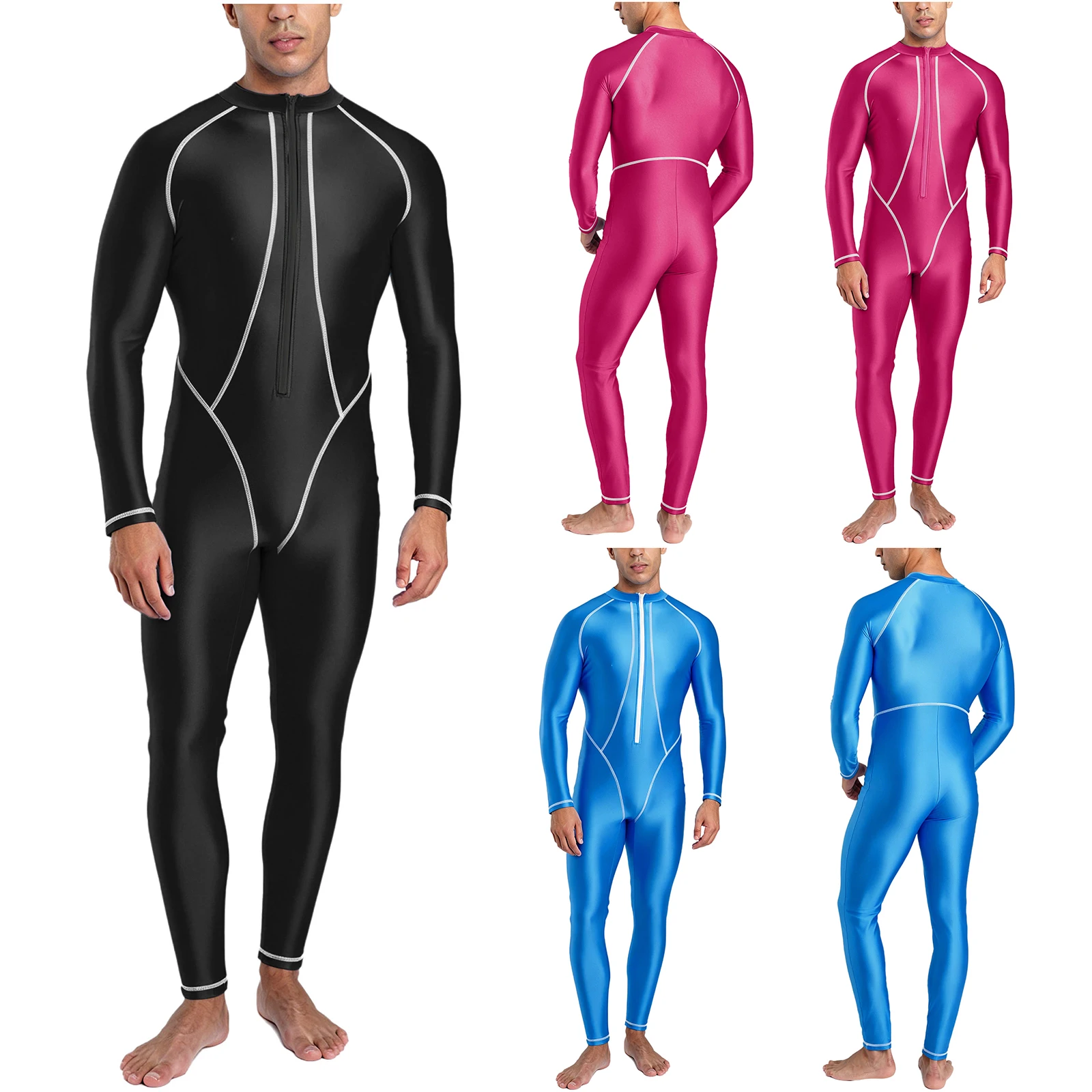 Herren-Rashguard-Badeanzug mit Vollkörperabdeckung, Stehkragen, langen Ärmeln, langen Hosen, glänzender Einteiler-Badeanzug – Detail 3