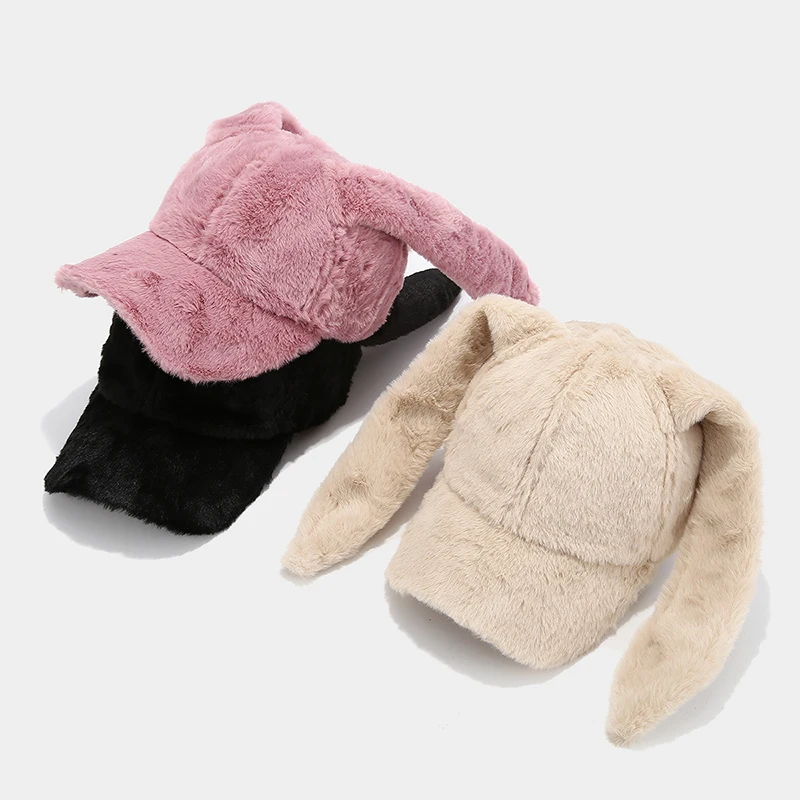 New Trendy Cute Rabbit Ear Baseball Cap Cartoon Academy Style Personalized Youthful Peaked Hats Plush Thickened Streetwear Caps