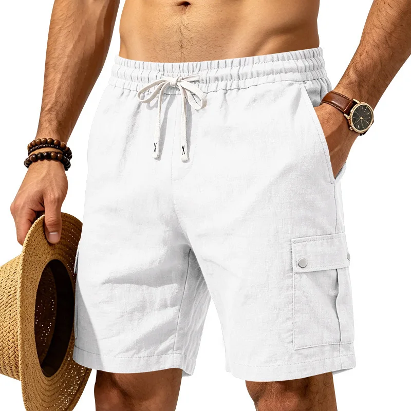 Summer new style best-selling men's casual linen work pants, with multiple pockets and elastic waistband drawstring design