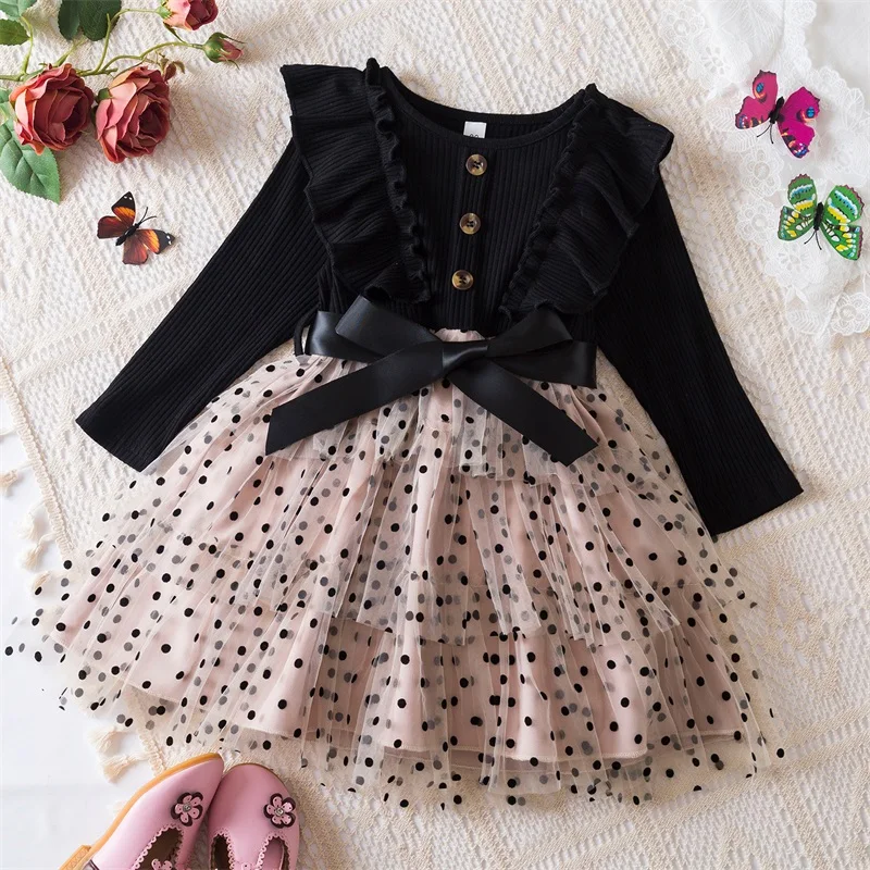 Baby Girls Dresses Elegant Polka Dot Mesh Princess Dress Kids Full Sleeve Birthday Party Tulle Vestidos Children Causal Clothing