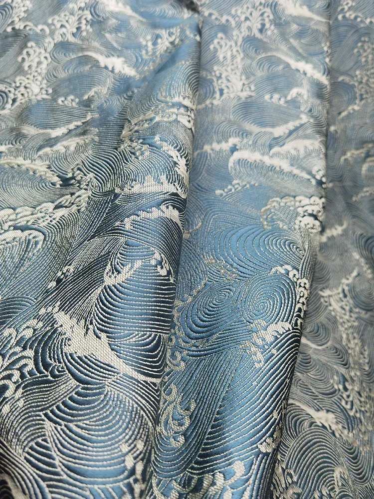 New Chinese Auspicious Clouds Ocean Tide Pattern Blue Gold Silk Jacquard Curtains For Living Room Bedroom French Window Villa