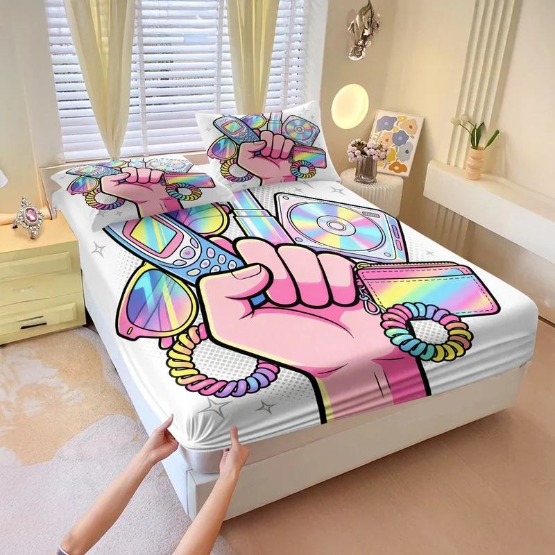 GirlGrip Print Fitted Sheet Set Cozy Hand Holding Essentials Bed Sheet Set Elastic Deep Pocket Bed Linens For Bedroom Decor Gift
