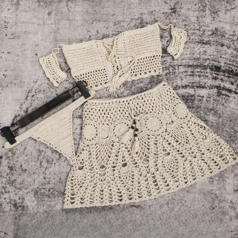 ถักบิกินี่ผู้หญิงชุดปิดไหล่ Lace Up Crop Top Hollow Out กระโปรงมินิ 2025 ใหม่ Spice สาวเซ็กซี่ Beach Cover Up