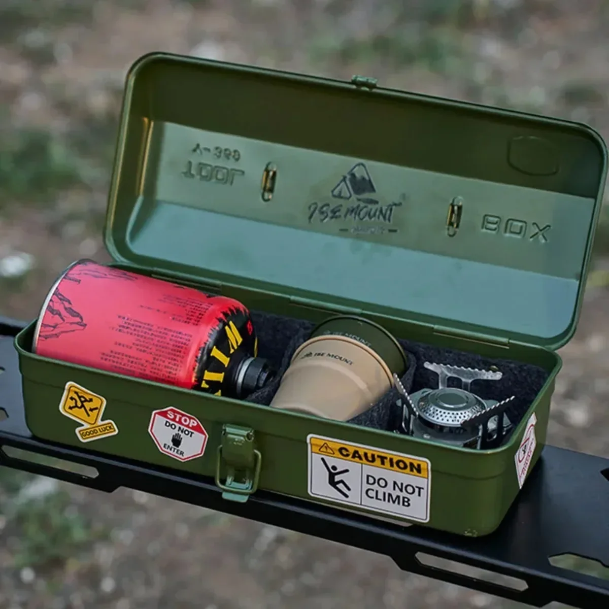 ISE MOUNT Outdoor Toolbox with Stickers Miscellaneous Tool Storage Box Camping Portable Handheld Metal Storage Box