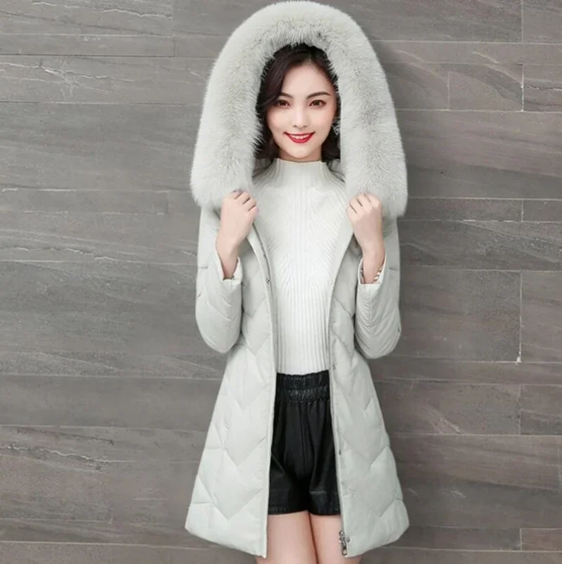 Winter Women Warm Sheepskin White Jacket Hood Puffer Coat  Collar Thick Outerwear real Leather Coats