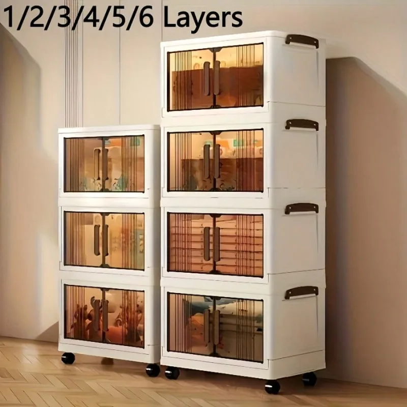 Beige 1/2/3/4/5-Tier Extra Large Collapsible Storage Cabinet With Locking Doors - Heavy-Duty PVC Plastic Stackable Organizer System With 4-Wheel Mobility, Foldable Design & Front Panels For Closet, Bedroom, Office, Kitchen - Space-Saving Storage L
