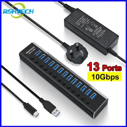 RSHTECH USB Hub 10Gbps 13 Port USB 3.2 Gen 2 Splitter 12V/6A Power Adapter Individual Switches USB C Hub Expander for Laptop