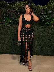 Nibber Geometric Rule Cutting Maxi Dress Women Summer See Through Cleavage Robe Female Tassels Backless Sexy Club Clothing