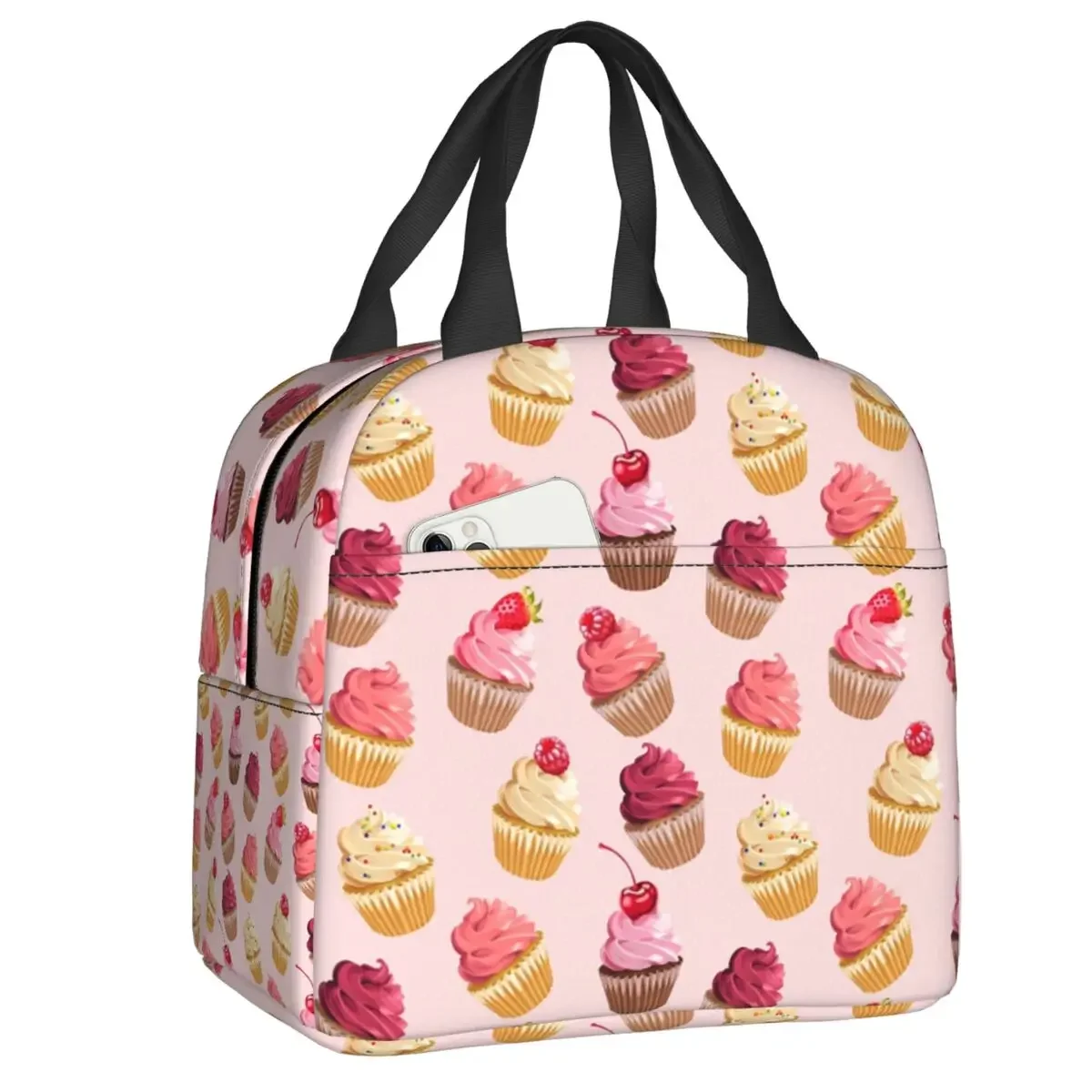 Delicious Pink Retro Cupcakes Lunch Bag Men Women Cooler Warm Insulated Lunch Box for Children School