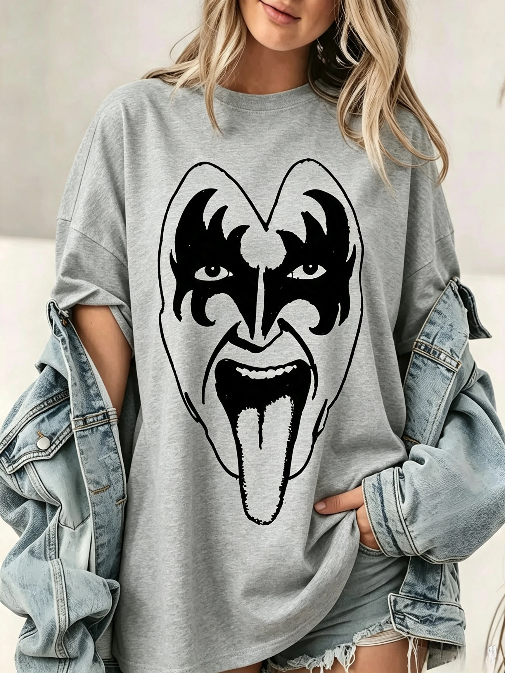 Women's Short Sleeve T‑shirt Retro Rock Makeup Face Print Daily Street Outfit 70s Rock Roll Breathable Casual Top Women Clothing