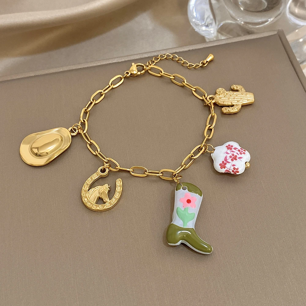 

DODOHAO New Waterproof Stainless Steel Bracelet for Women Vintage Ceramic Flower Cowboy Hat Boots Pendant Bracelet Jewelry Gift