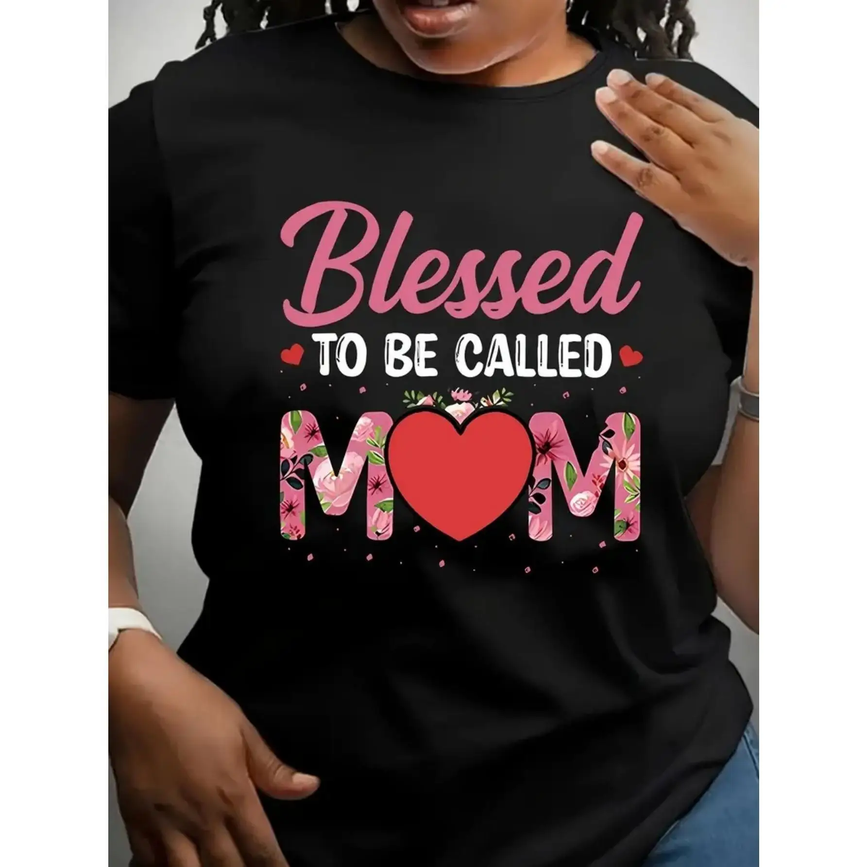

Mother's Day Women's Cotton T-Shirt - "Blessed to be Called Mom" Floral Print, Red Relaxed Fit Short Sleeve Round Neck Tee