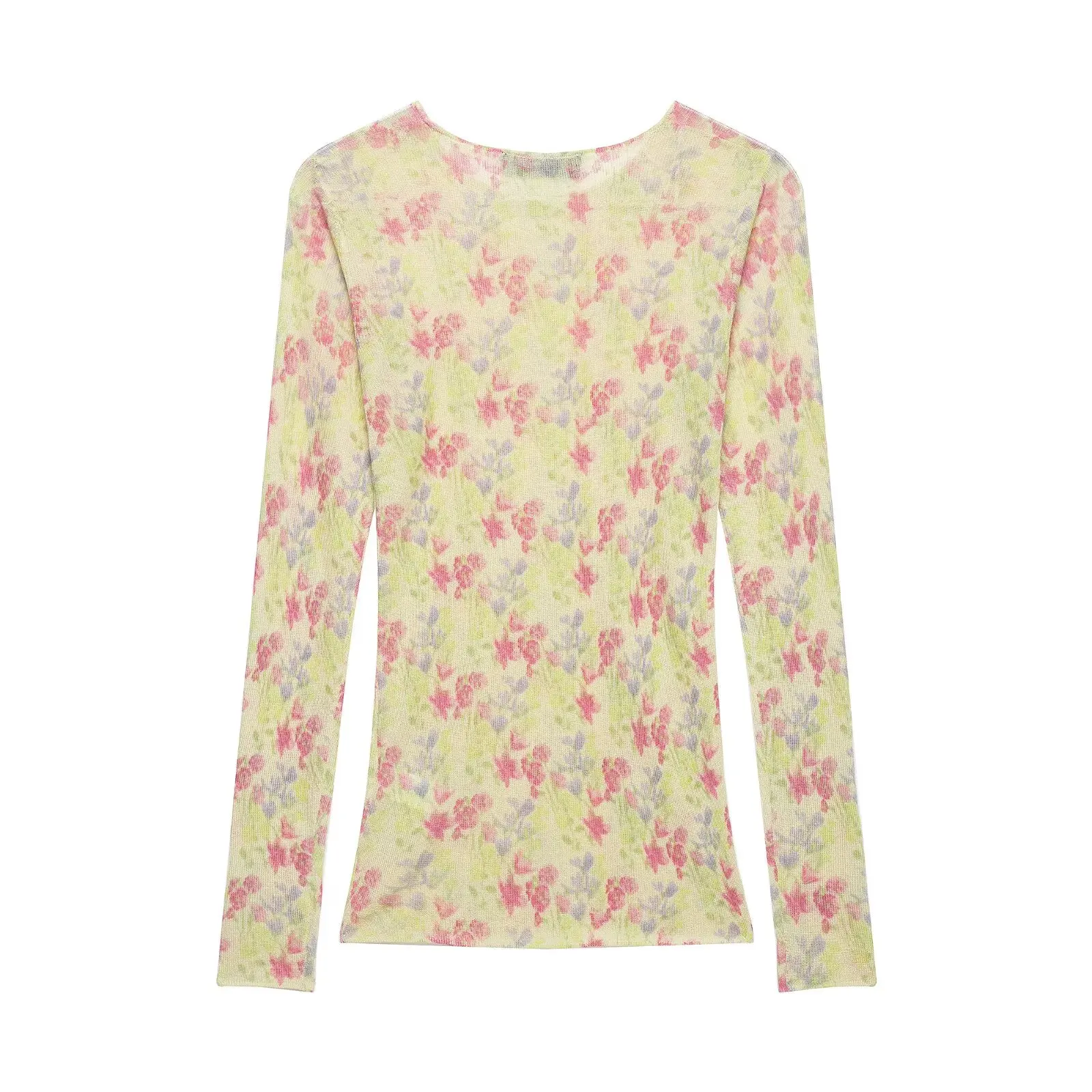 CHIC Spring Autumn Women Yellow Gradient Floral Print O Neck Knitted Pullover Sweater Slim Fit Long Sleeve Jumper Short Knitwear