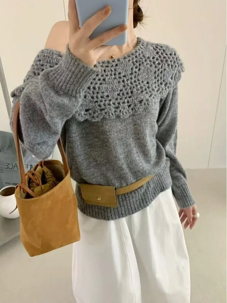 

Корейский Sle ранней осень Dongdaemun новый сетчатый цвет вязаный ретро полый воротник повседневный длинный свитер свеч женский