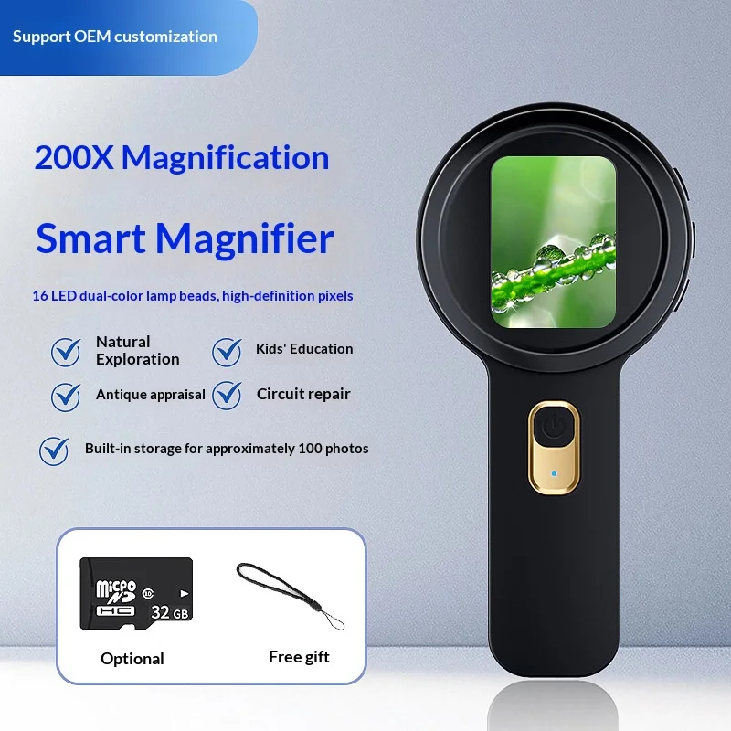 

2 Inch IPS Handheld Smart Magnifier, 5-200X Zoom 16 LED with UV Light, PC Camera for Coin PCB Circuit Board Repair Reading Aid