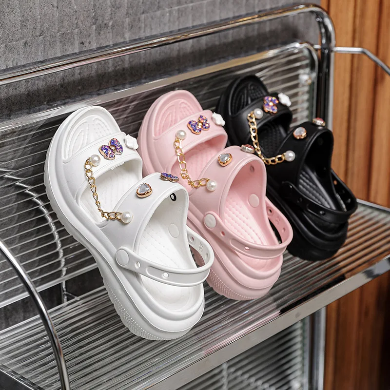 Summer Platform Clogs With Chains Women Solid Height Increasing Sandals Fashion High Heel Open Toe Garden Clogs Grils Pink