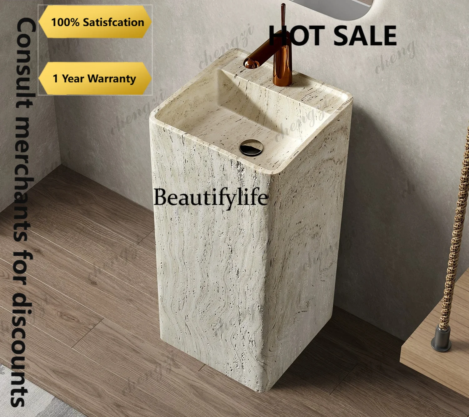 B73Vintage Style Bathroom Cabinet and Washbasin Designer White Cave Stone Column Basin Integrated Floor-standing Style