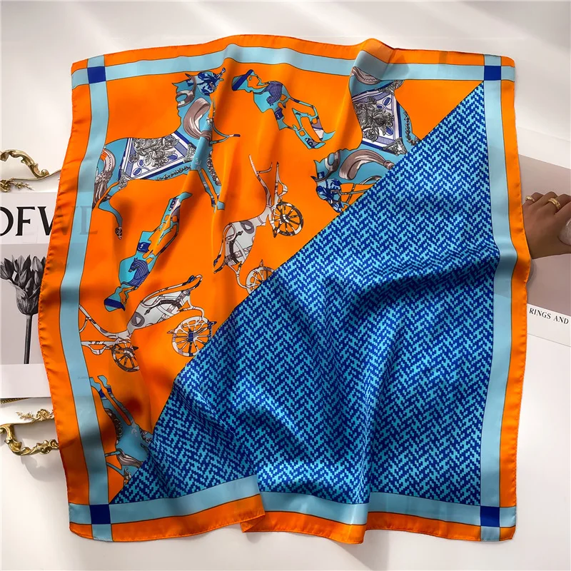 70x70CM Orange Scarf Pony Color Block Silk Square Scarf Shawl All-match High-end Ladies Headscarf New Decorative Foulard Scarves