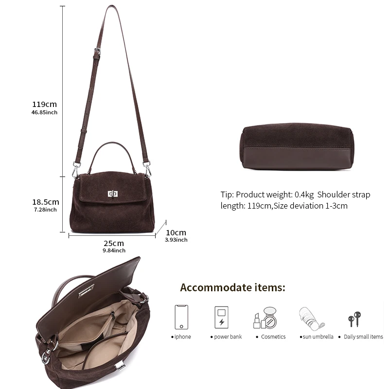 Women's Handbag Genuine Leather Luxury Designer Shoulder Bags Natural Suede Leather Crossbody Bag Commuting Messenger Bag Lady
