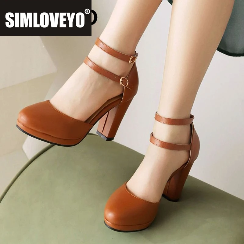 

SIMLOVEYO 2025 Модные пикантные женские сандалии с круглым носком на массивном каблуке 9 см с двойной пряжкой и ремешком, большие размеры 41 42 43 Туфли для свиданий и вечеринок