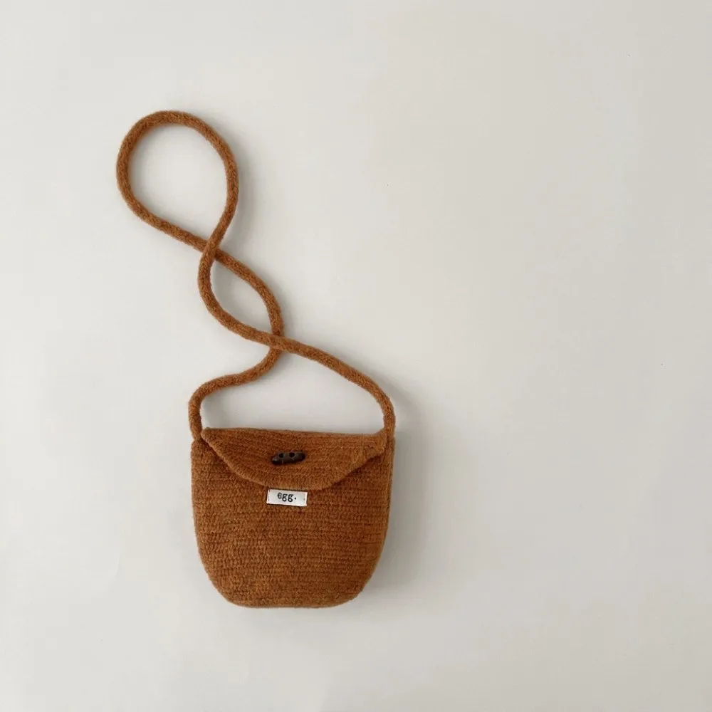 Knitted Cotton Kids Tote Bag Button Decor Woven Straw Children's Knitted Bags Mini Size Solid Color Princess Coin Purse