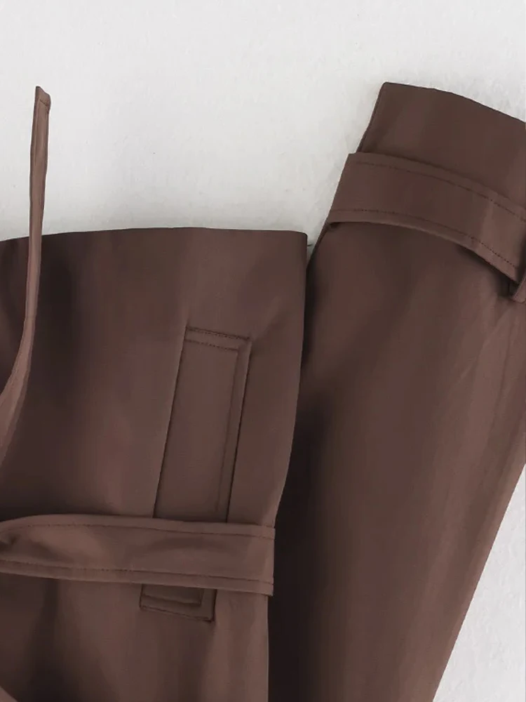 HH المرأة الخريف الرجعية جيب العصرية سترة طويلة الأكمام مع حزام تزيين المرأة زر بدوره إلى أسفل طوق الصلبة معطف قصير #1