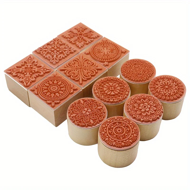 6pcs Wooden Stamps Floral Pattern Rubber Stamps,Round&Square Lace Wooden Rubber Stamps For Scrapbooking&Handmade Invitations