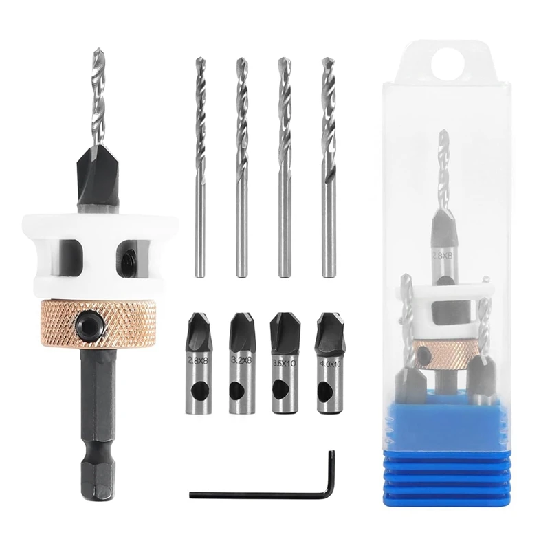4PCS Countersink Drill Bit Set with Low Friction Depth Stop & Replaceable HSS M2 Drill Bit, Counter Sink Drill Bit