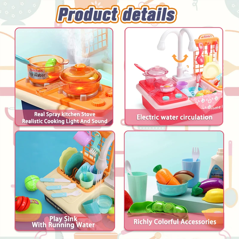 Pretend Play Kitchen Sink Toys for Kids, Fogão, Panela, Panela, Corte, Utensílios Alimentares, Acessórios de Louça, Meninas, Brinquedos