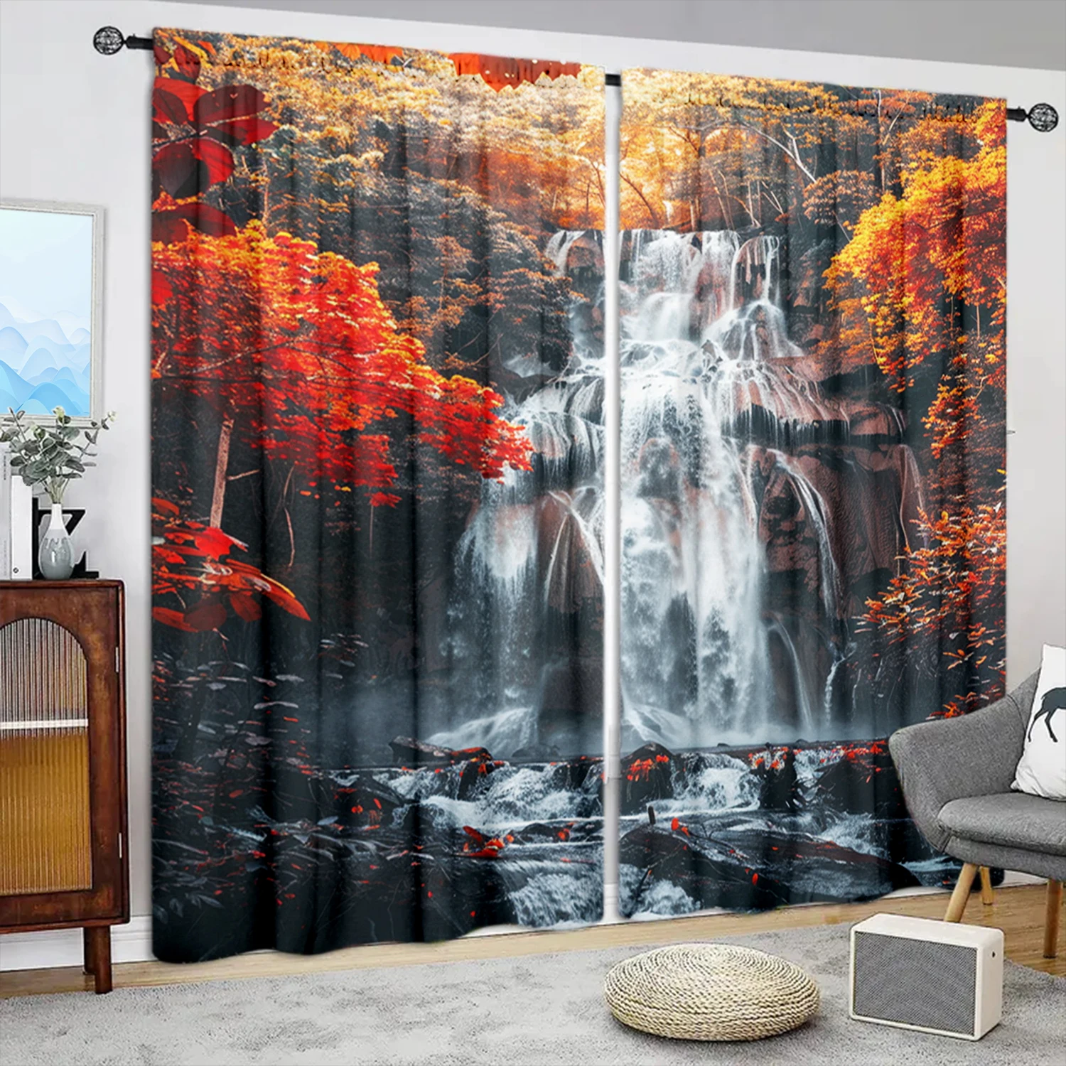 

2pcs Landscape Painting Printed Curtain for Home Decor - Rod Pocket Window Treatment for Bedroom, Office, Kitchen, Living Room