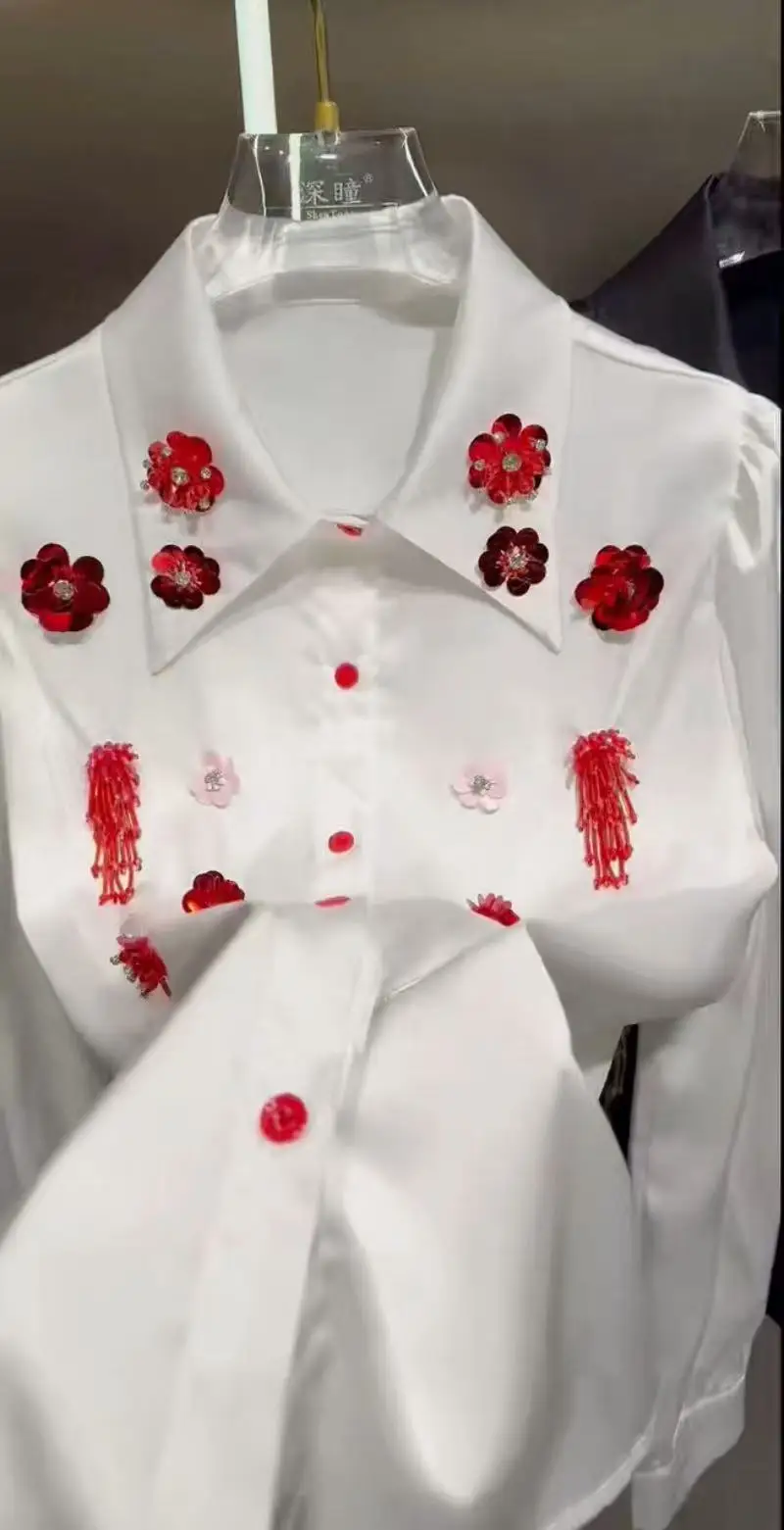 

Luxury Crystal Beading Stitch Silky Acetate Blouses Shirts Women Autumn Spring 2026 New Fashion Trend Loose Casual Tops Blusas