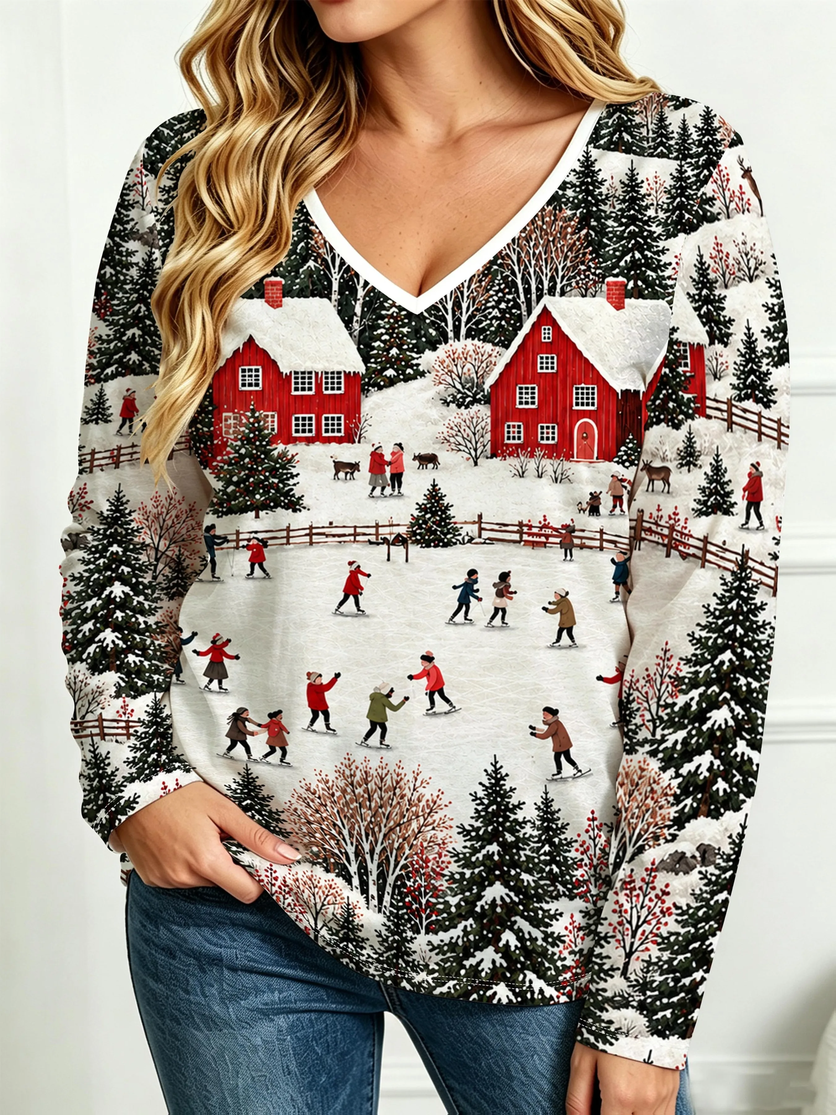 2026 Christmas Women Long Sleeve T Shirt Silent Night Moon Forest Deer Print V Neck Winter Holiday Top Women's Clothes