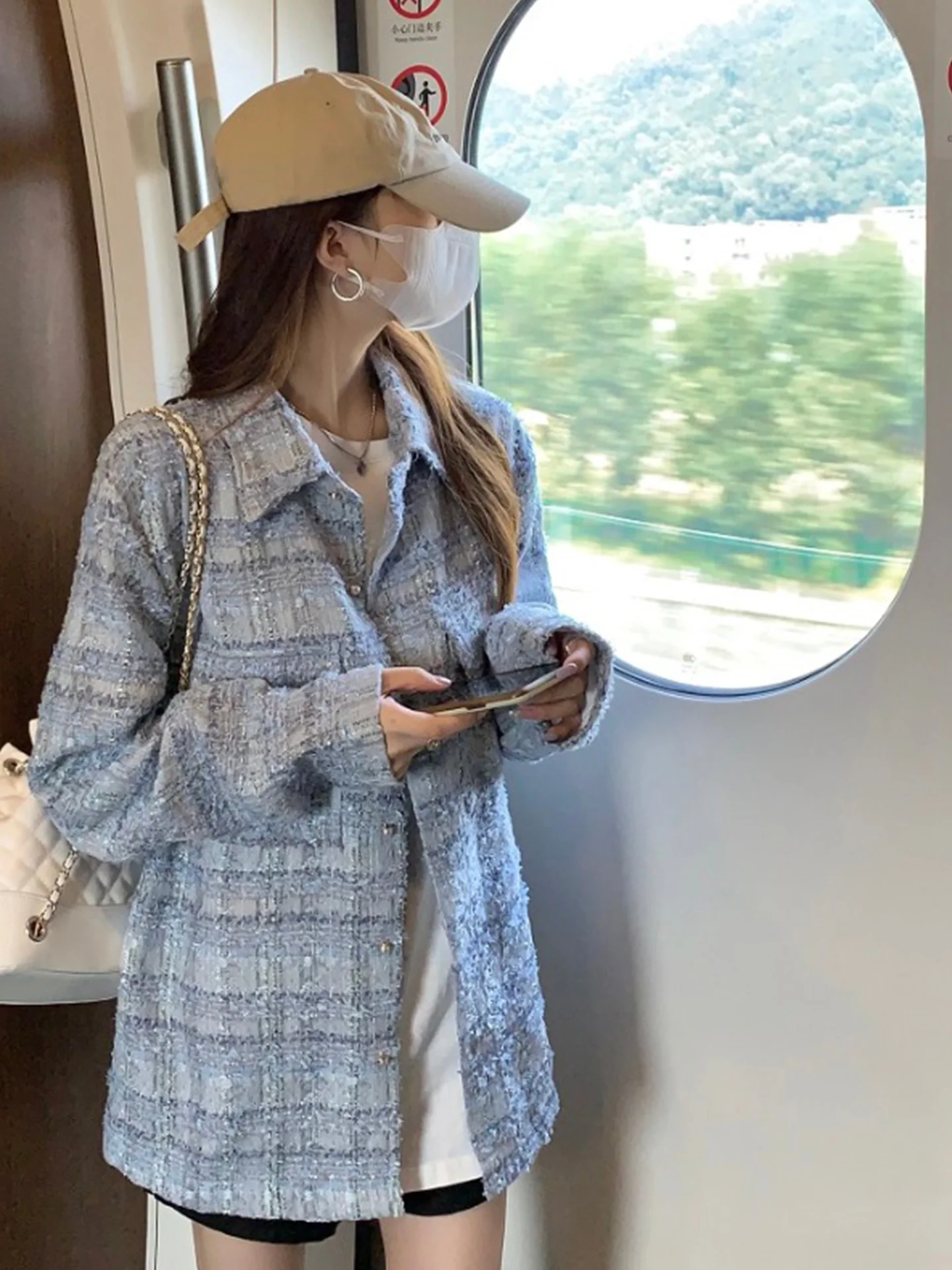 Blue Plaid Coarse Tweed Women's Jacket Spring Autumn 2025 New Style Casual Loose Top Button Pocket Design Commute Style