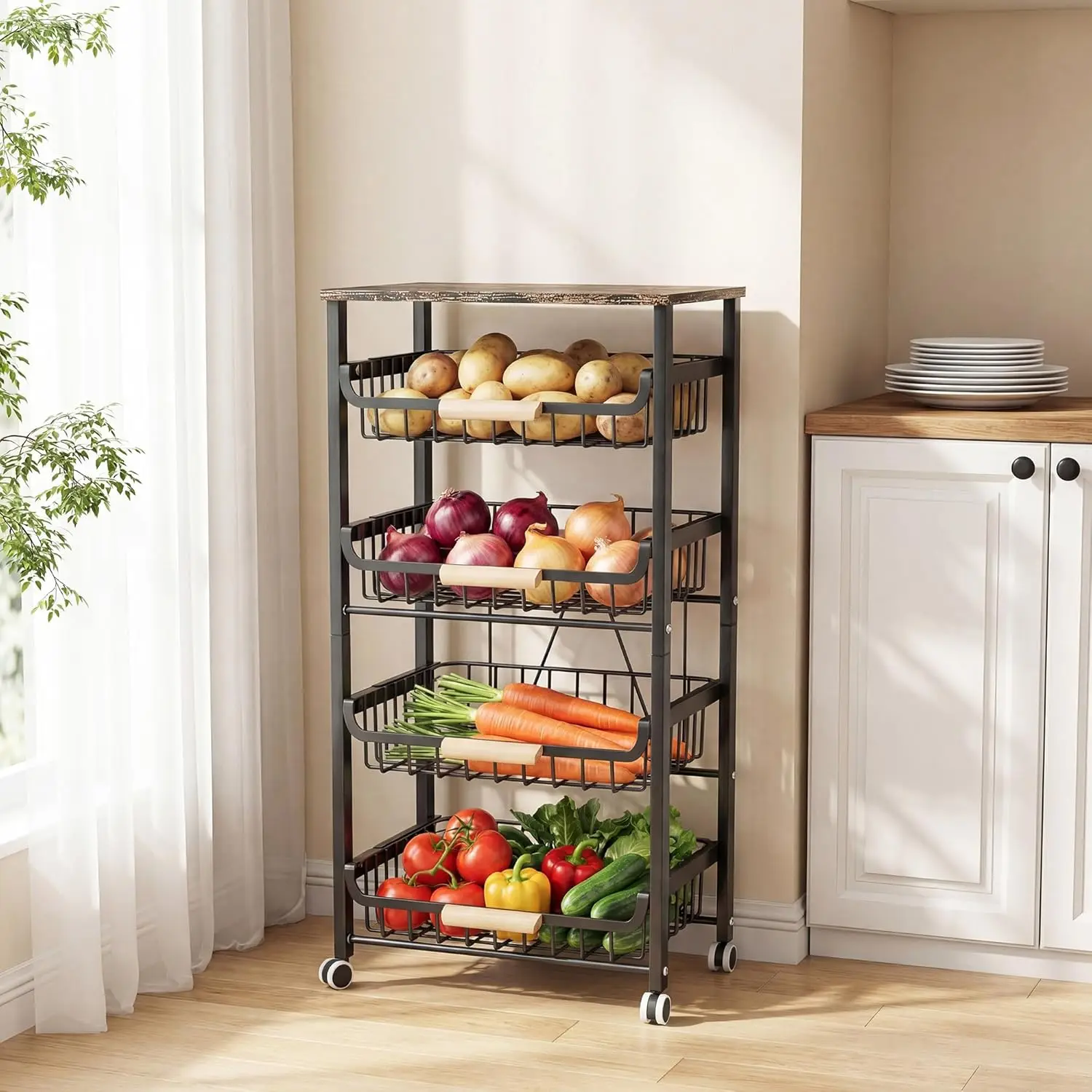 

5-Tier Rolling Kitchen Storage Cart with Wood Top, Heavy Duty Metal Basket Organizer for Fruits Vegetables Snacks, Black