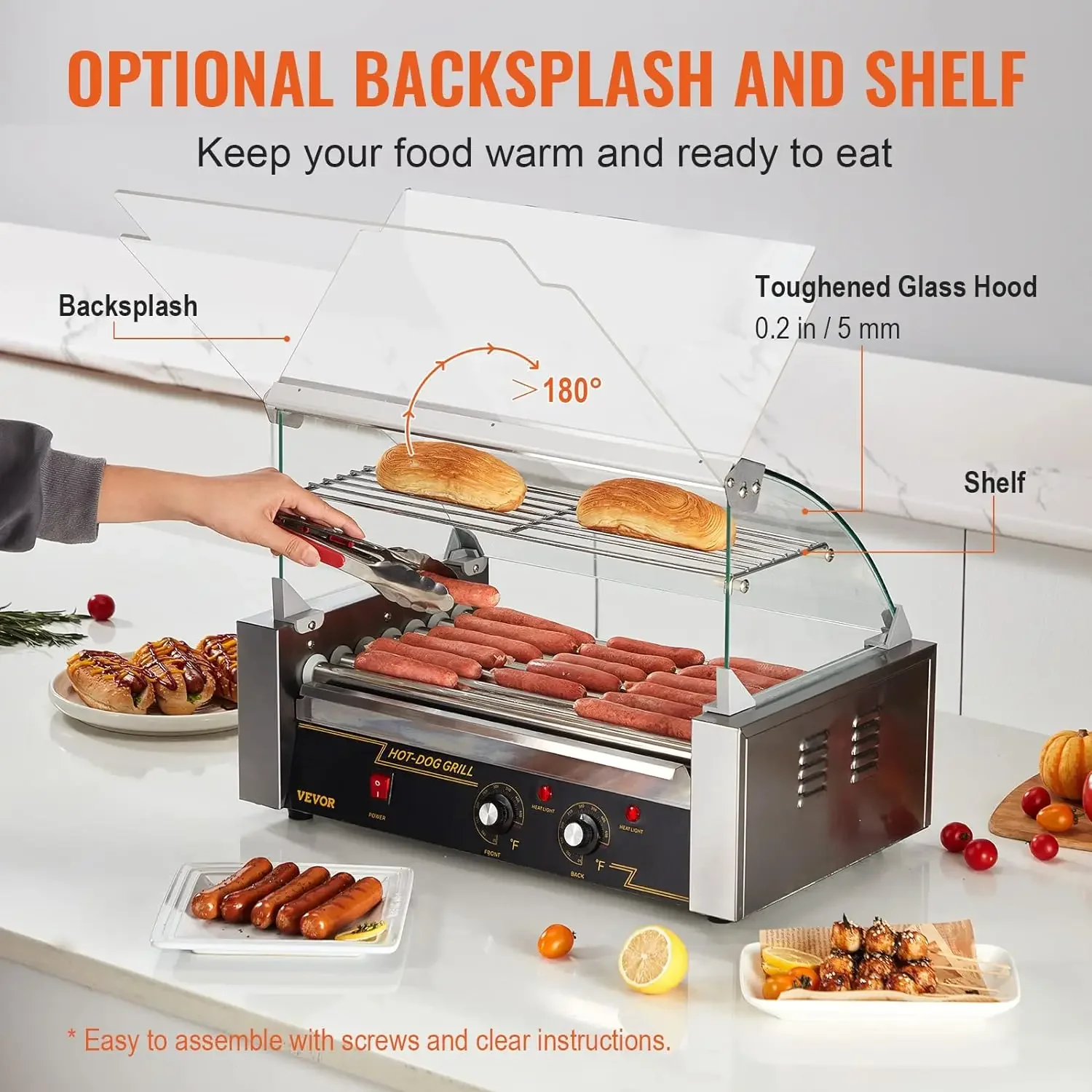 Hot Dog Roller 7 Rollers 18 Hot Dogs Capacity Stainless Sausage Grill Cooker Machine with Dual Temp Control Glass