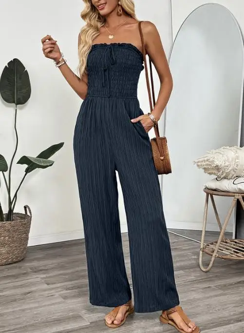 

Women's Sleeveless Strapless Ruffle Trim Tie Front Smocked Bust High Waist Wide Leg Pocketed Casual Vacation Jumpsuit