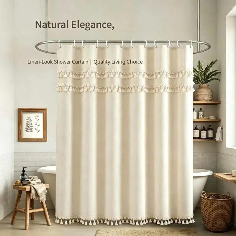 Waterproof Beige Shower Curtain with Tassels Japanese Style Faux Linen Textured Room Divider Drapes for Bathroom Farmhouse Decor
