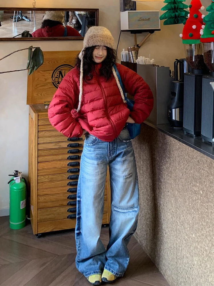 

Джинсы женские американского стиля, большие размеры, с эффектом потертости, осенне-зимние, модные, свободного кроя, стройнящие, прямые, из денима.