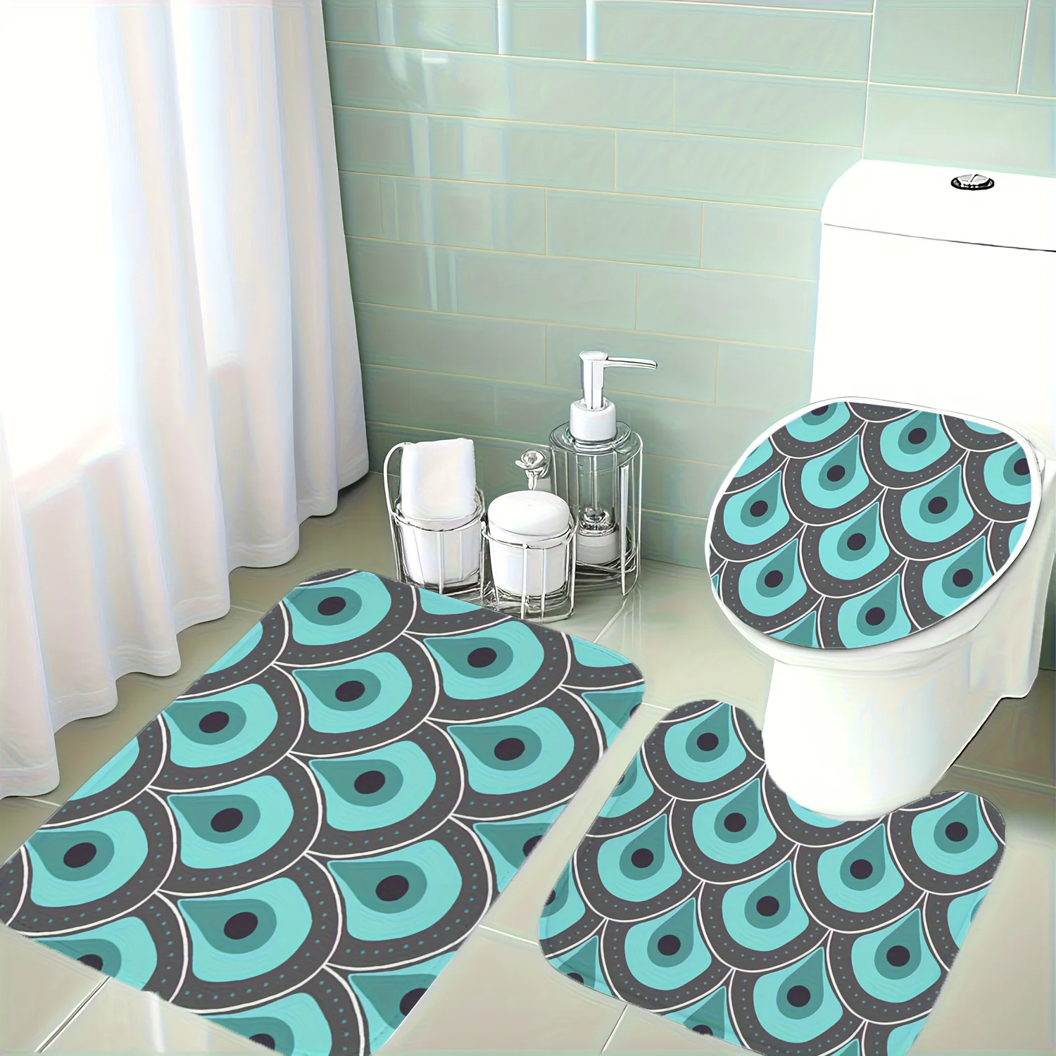 

3pcs Set Bathroom Mat and Toilet Cover Set | Deep Blue and Grey with Layered Fan Design and Dark Dots, Polyester, Non-Slip, Fest