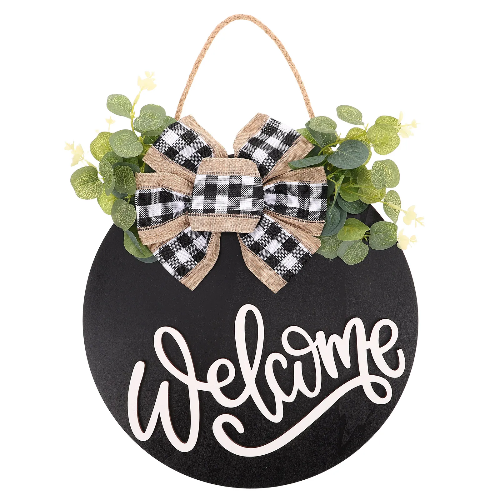 Round Black Wood Welcome Door Sign Farmhouse Style Front Porch Hanging Decor Rustic Wreath Home Entrance Outdoor Indoor